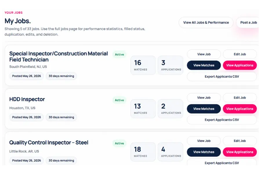 NDT Jobs employer dashboard preview showing job matches and applications